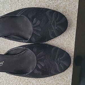 Black suede leather slip on heels